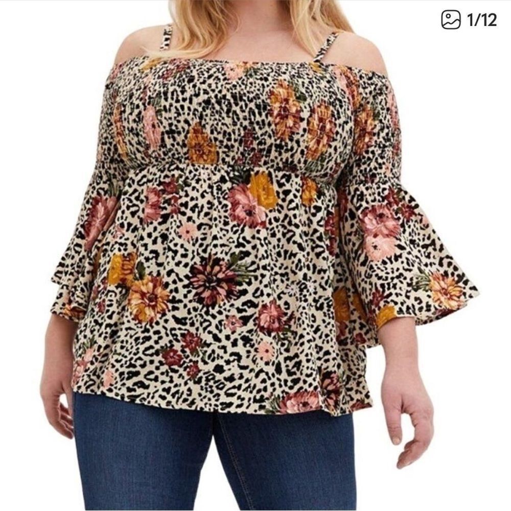Torrid Leopard Floral Babydoll Smocked Cold Shoulder Top 1x